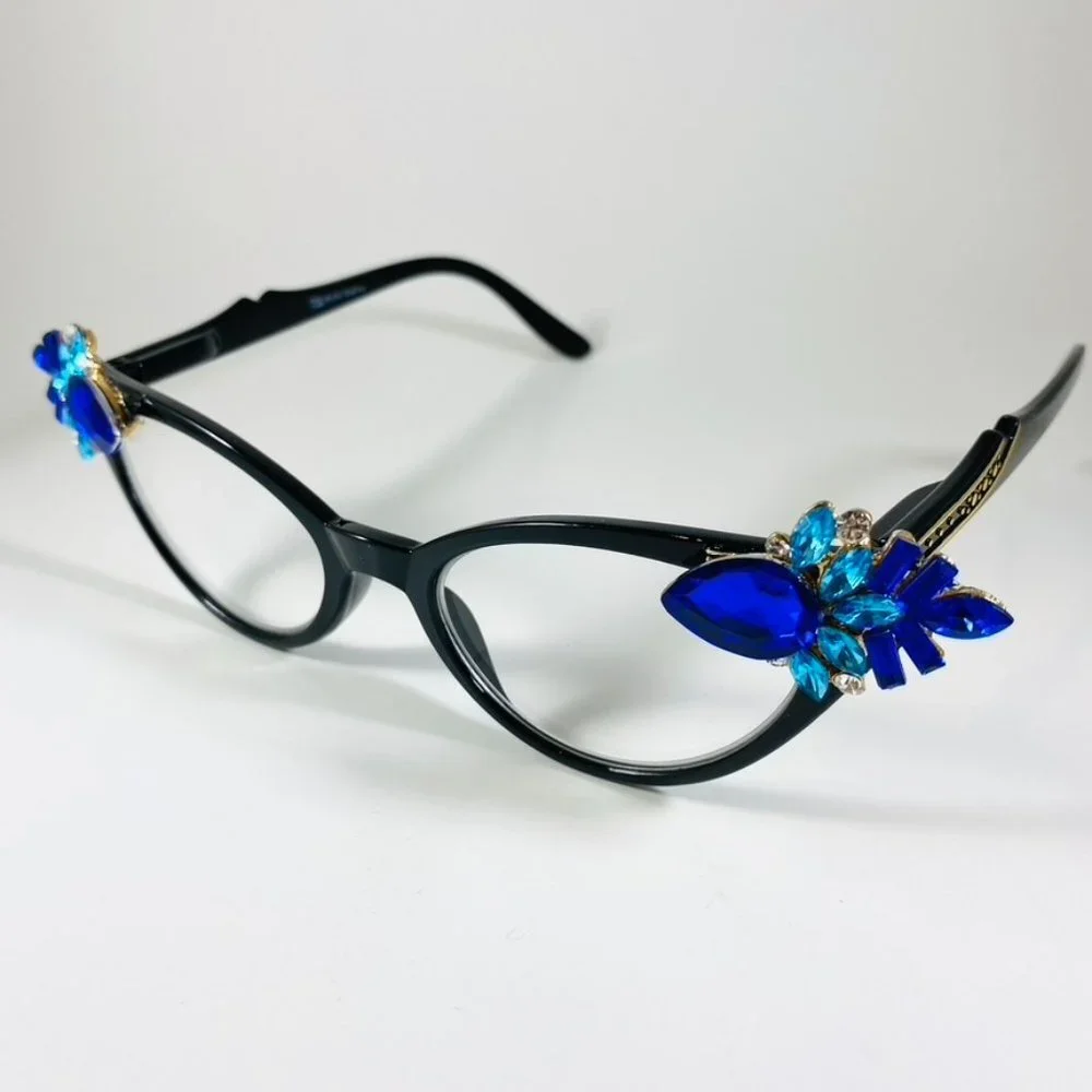 Vixen Readers shiny Jet frames with bright blue and aqua rhinestones +.50